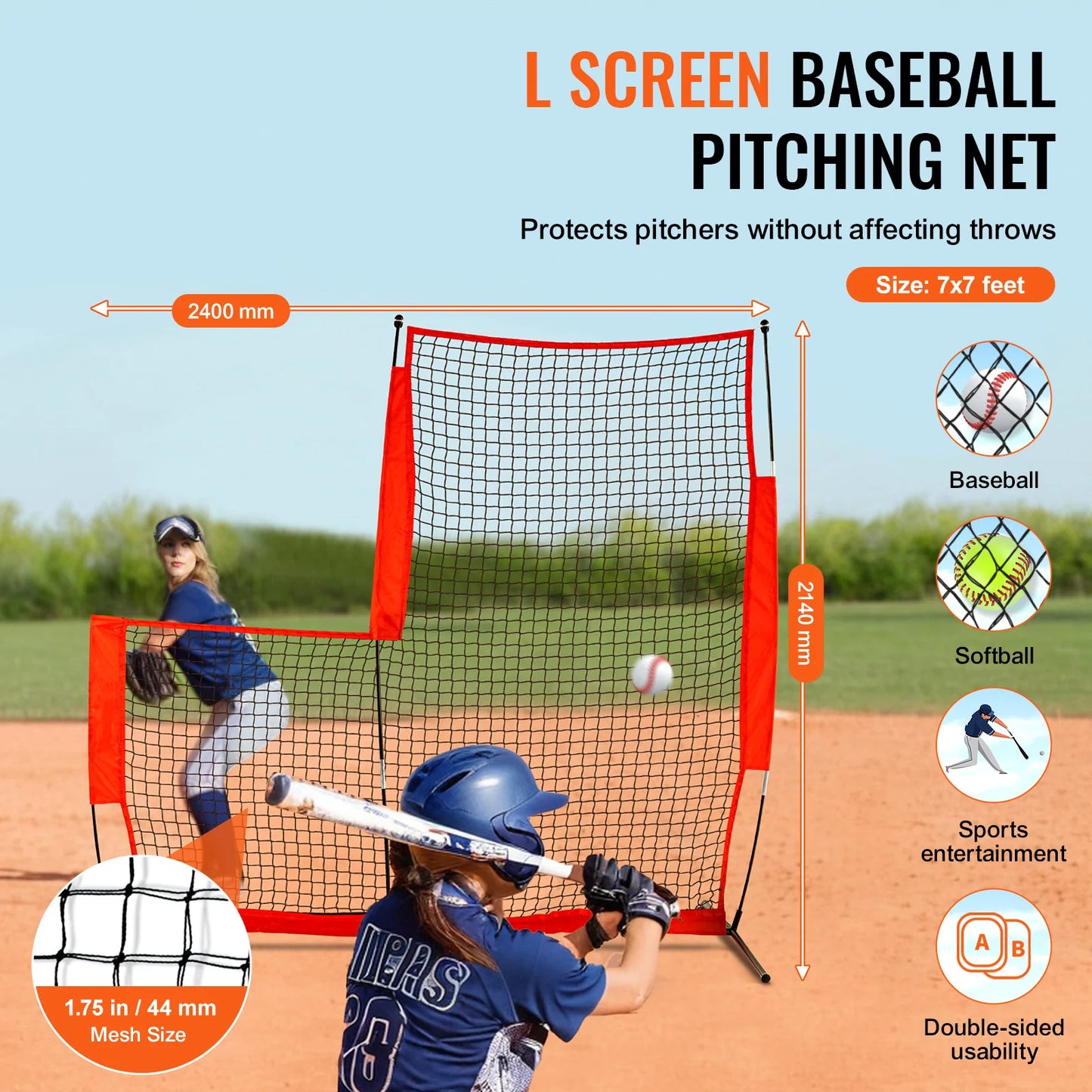 L Screen Baseball for Batting Cage, 7X7 Ft Baseball & Softball Safety Screen, Body Protector Portable Batting Screen with Carry Bag & Ground Stakes, Baseball Pitching Net for Pitchers Protection