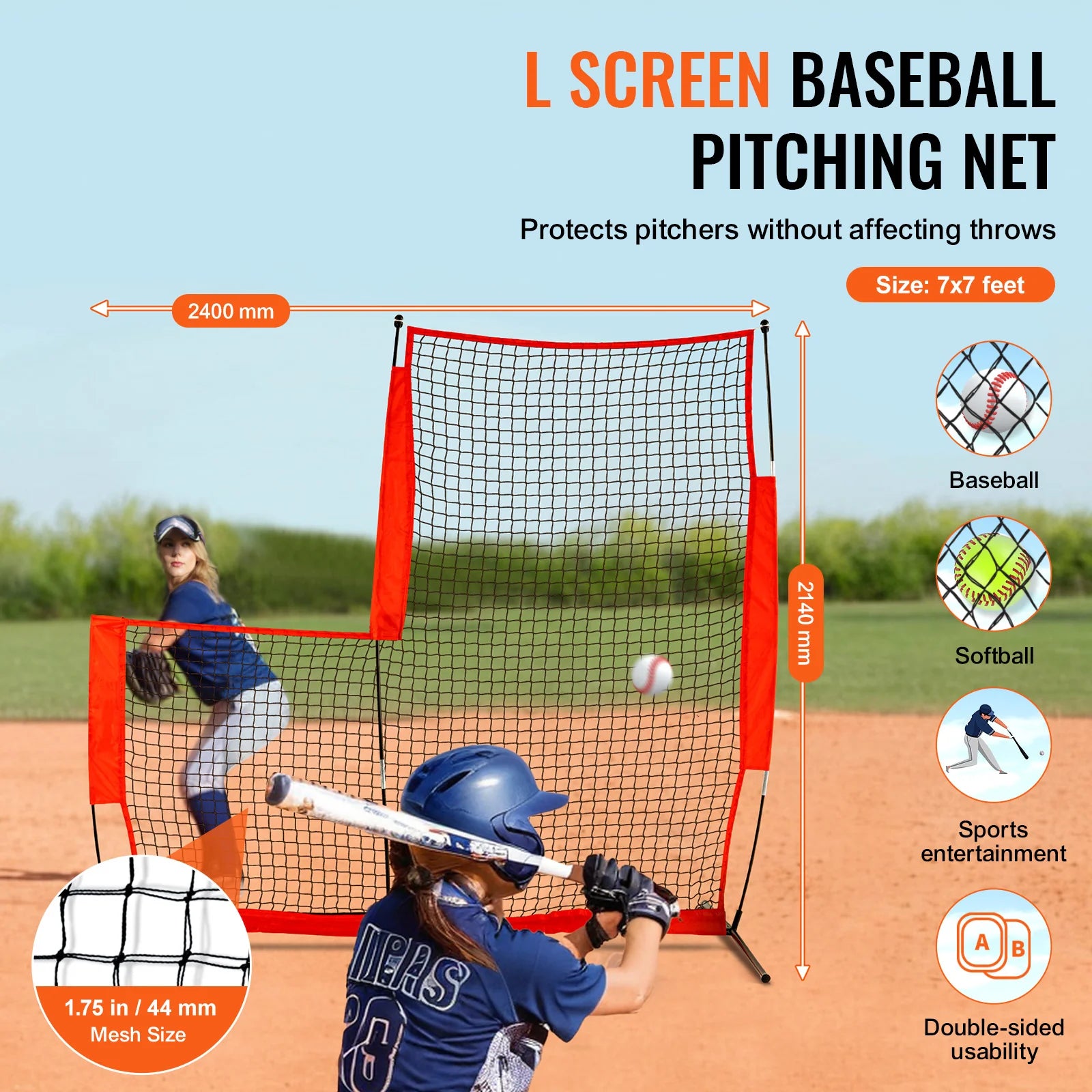 L Screen Baseball for Batting Cage, 7X7 Ft Baseball & Softball Safety Screen, Body Protector Portable Batting Screen with Carry Bag & Ground Stakes, Baseball Pitching Net for Pitchers Protection