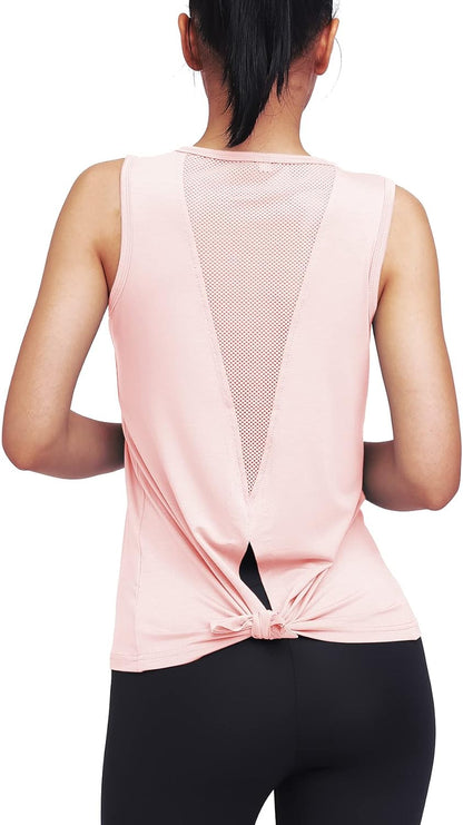 Workout Tops for Women Yoga Tank Athletic Muscle Shirts Tie Back | Open Back, Loose Fit, Breathable Mesh, Racerback, Sleeveless Shirts, Workout Clothes for Women